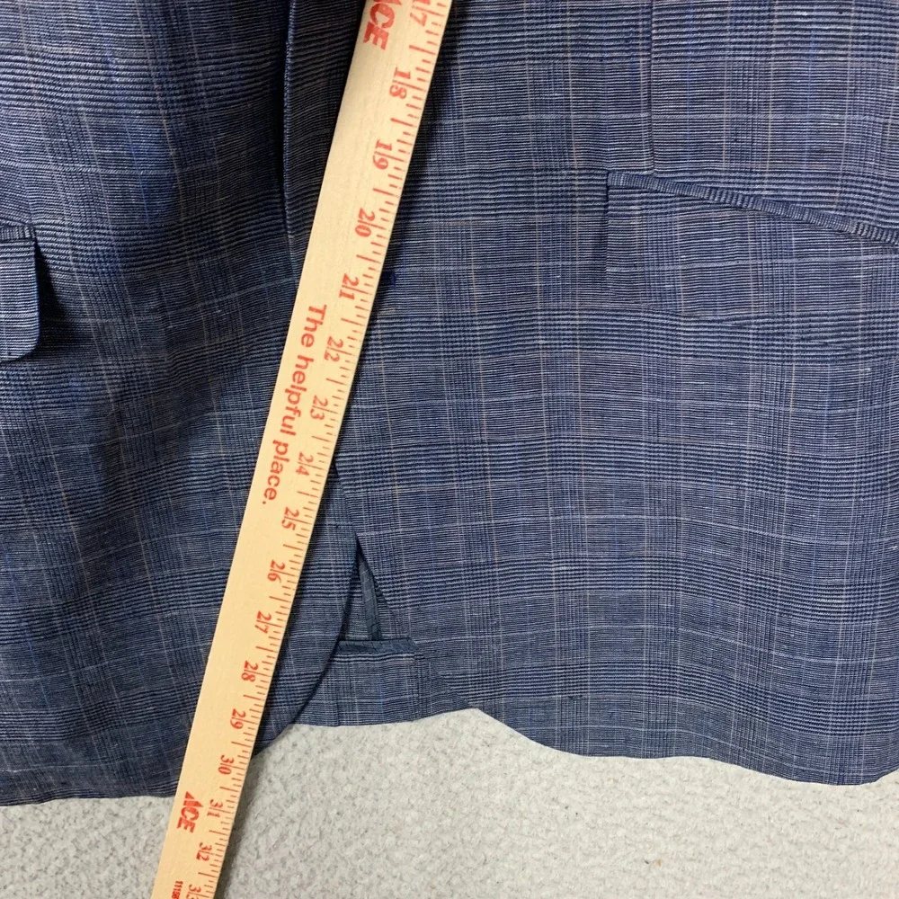 Egara Blazer 100% Linen Windowpane Plaid Navy‎ Unlined Two Button Sport Coat